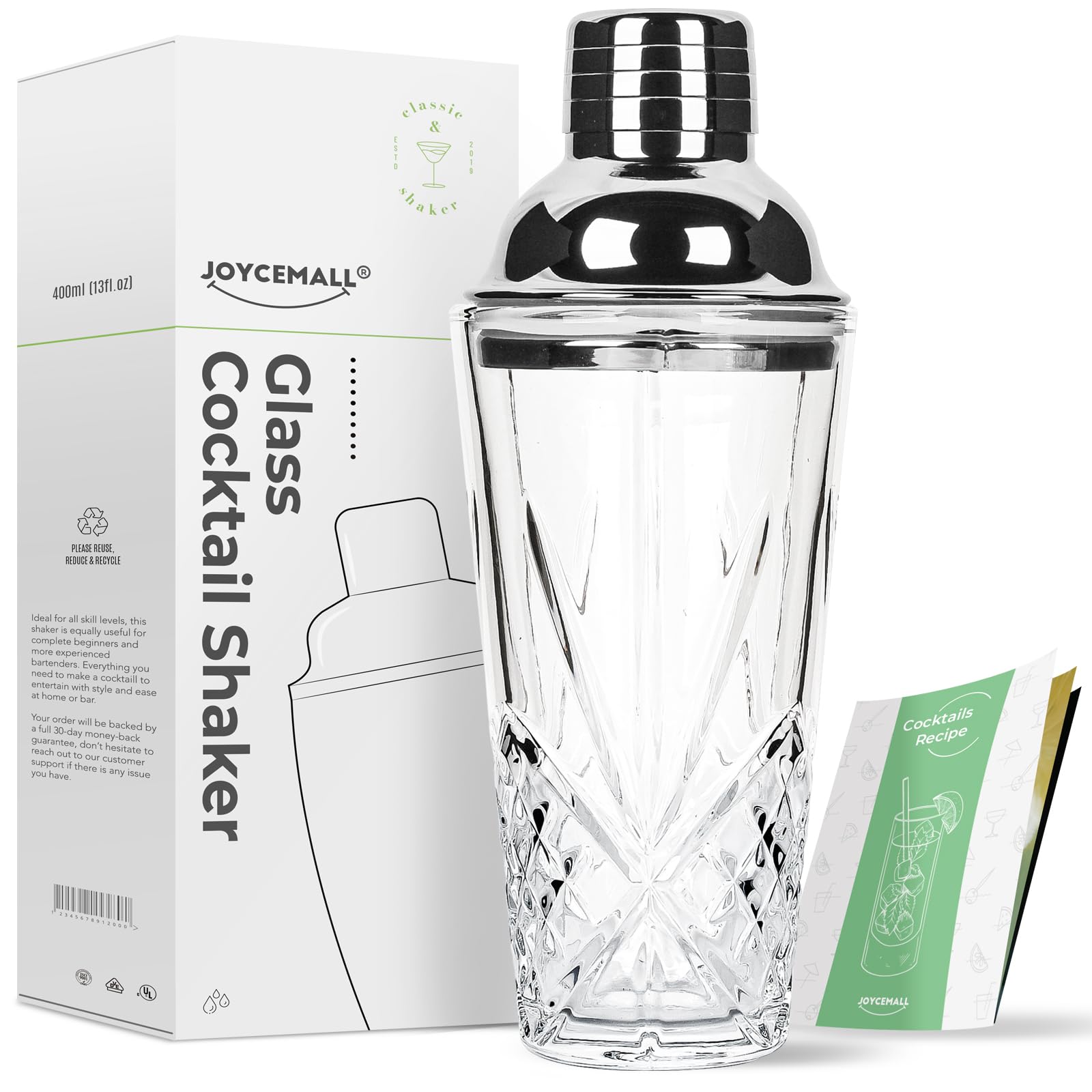 Glass Cocktail Shaker, JOYCEMALL 14.5 Ounce Cut Crystal Shaker Tumbler Bartender Shaker with Stainless Sealing Steel Cap & Strainer, for Home Use & Bar Whisky Cocktail - Silver