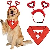 Valentines Day Dog Costume Set Romantic Dog Accessories with Heart Headband and Red Tie Cravat Pet Outfit for Engagement Wedding Party Supplies