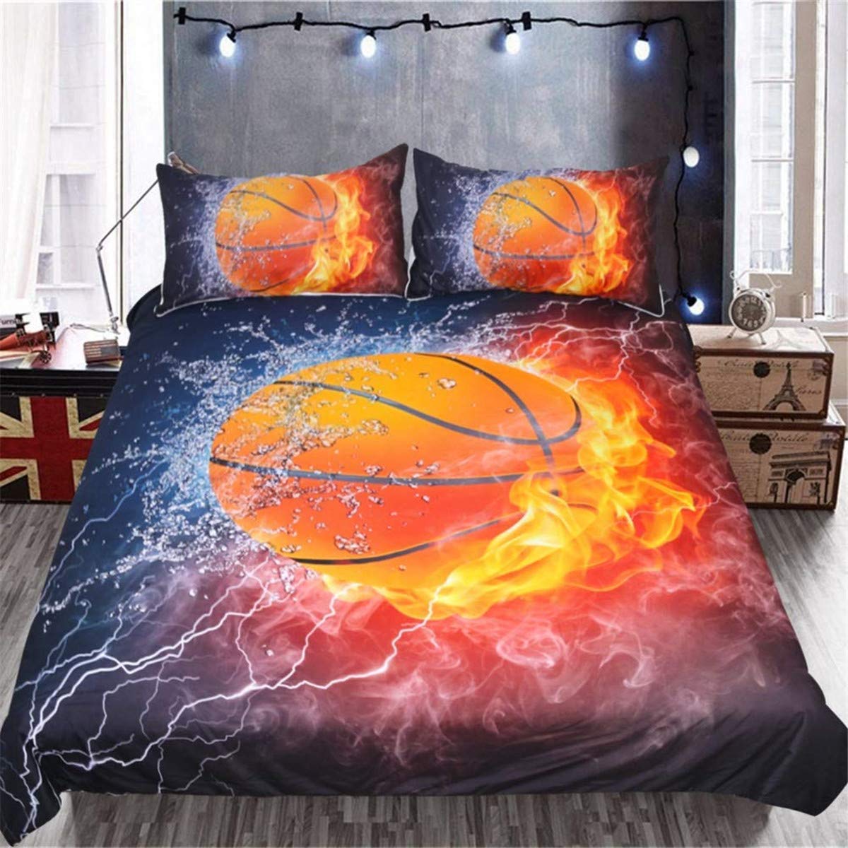 3 Pieces Basketball Duvet Cover,3D printed Red Flame and Ice basketball Bedding Set,2 Pillowcases,Hidden zipper,Microfiber Sport Quilt Cover,Double Size 200 x 200cm