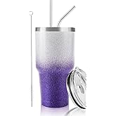 D·S 30 oz Tumbler Purple Glitter Gradient Cup Stainless Steel Double Wall Vacuum Insulated Mug with Straw and Lid, Cleaning Brush for Cold and Hot Beverages