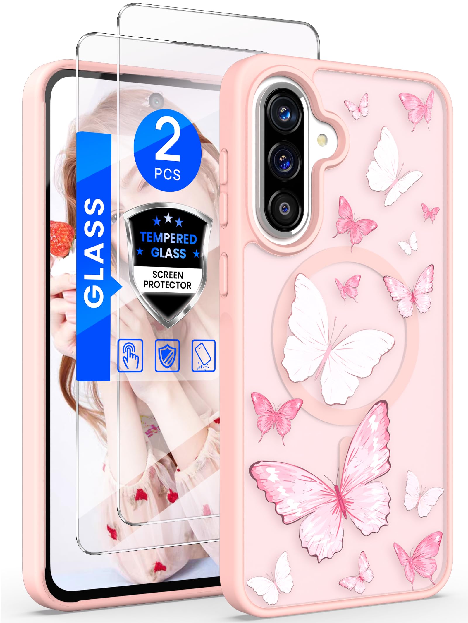 Yucenx for Samsung Galaxy A36 5G 6.7 inch Floral Phone Case with 2X Screen Protector, Military Grade Magnetic Translucent Matte Girls Women Flower Pattern Protective Cover for A36 5G (Pink)