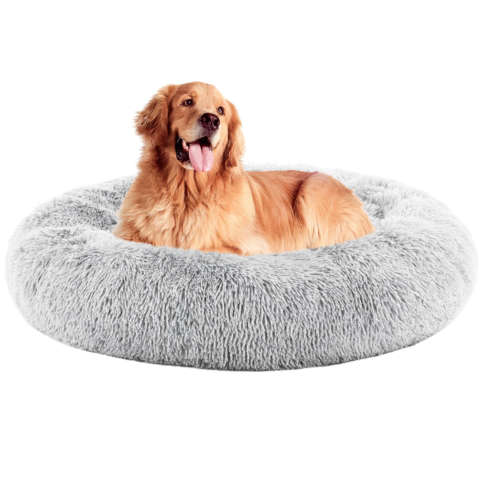 DUMOS 37.4×37.4 Inch Calming Donut Dog Beds for Large Dogs, Machine Washable Cuddler Warming Cozy Fluffy Faux Fur Plush Round Pet Bed Medium Sized Bed for Indoor Dogs and Cats, Grey