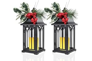 Bdor Christmas Lanterns Set of 2 – 15" Tall Black Decorative Candle Lantern with Holly, Berries, and LED Flameless Candle – Holiday Table or Hanging Decor for Indoor Use