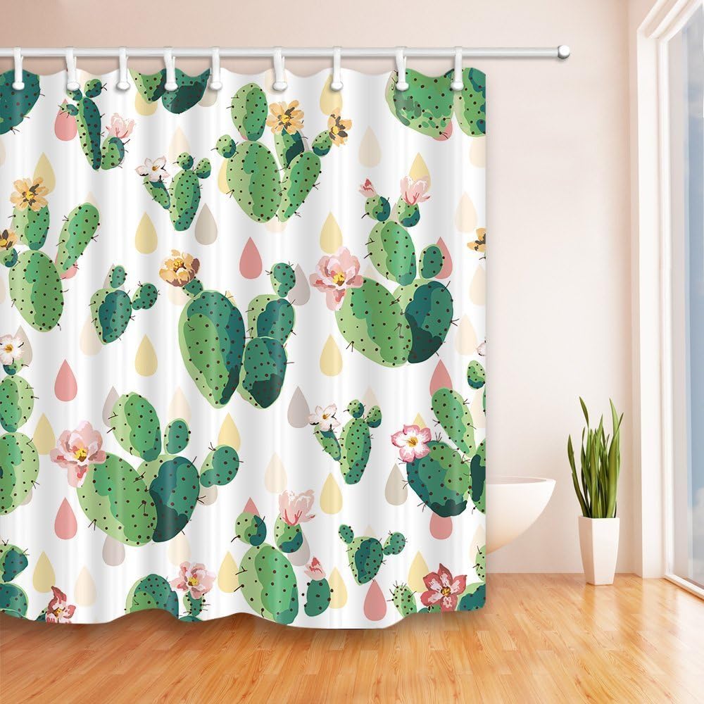 GoHEBE Cartoon Pricky Cactus Succulent Pattern Waterproof Fabric Home Decor Shower Curtains Bath Curtains