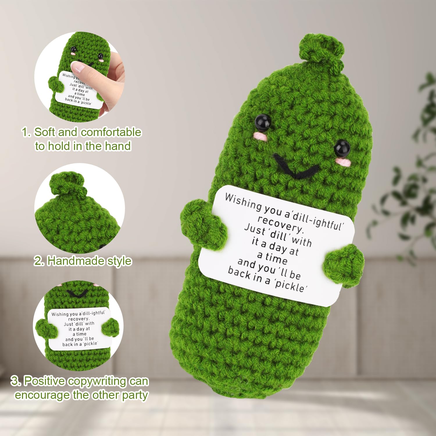 Get Well Soon Pickle, Green Funny Positive Cucumber with Card Woolen Yarn Gifts for Family & Friends After Surgery Knitted Emotional Crochet Doll Healing Gift for Encouragement Support