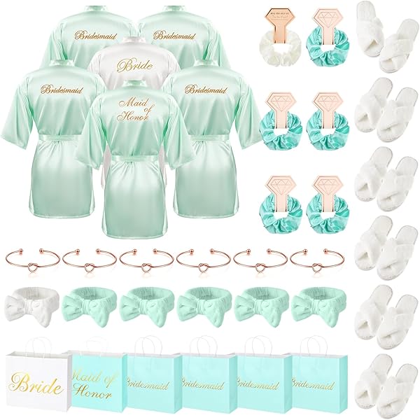 Bonuci 6 Pcs Bride Bridesmaid Robe Slipper Sets For Wedding Bridal