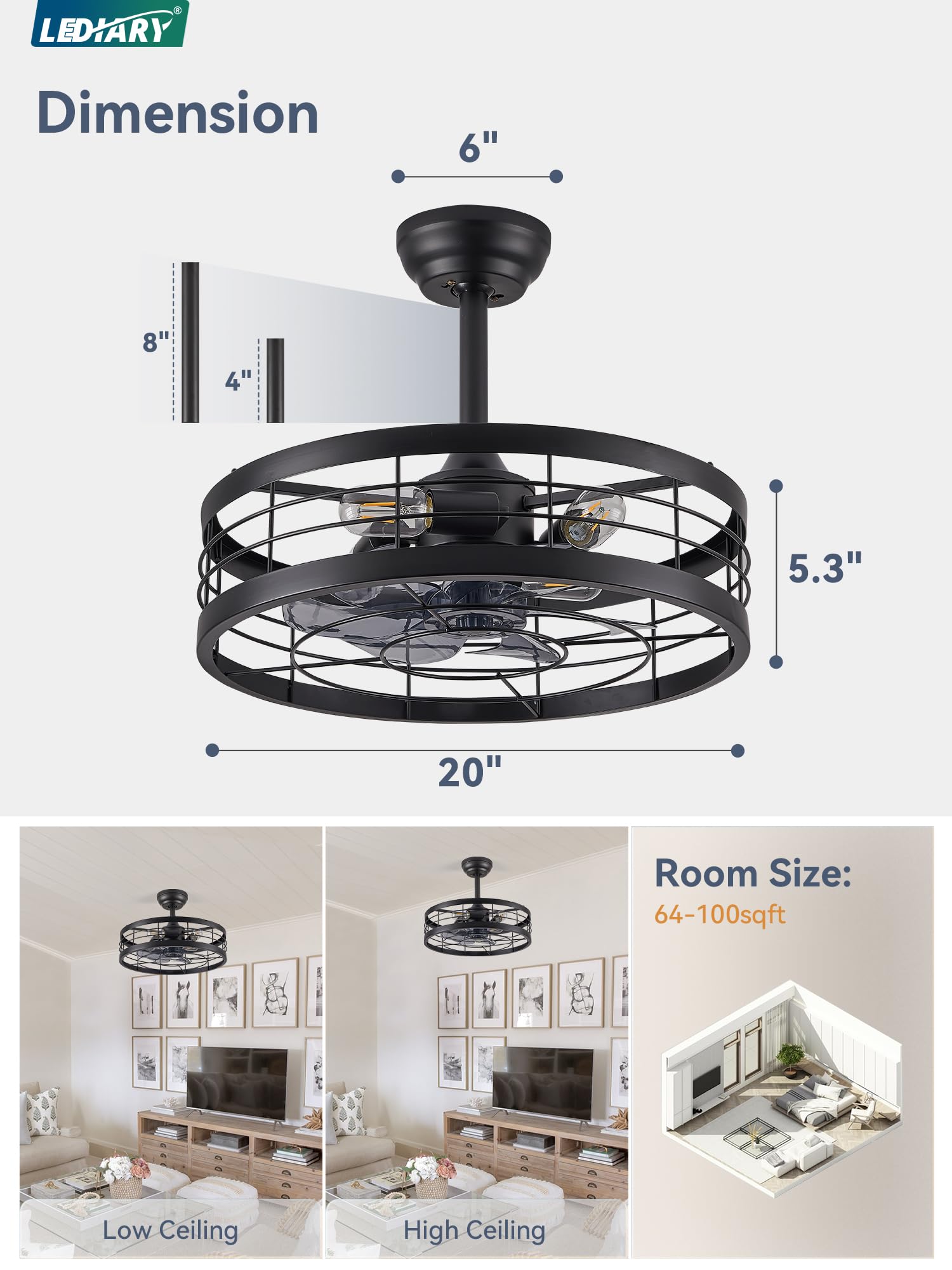 LEDIARY 20 inch Fandelier Caged Ceiling Fan with Light, Bladeless Ceiling Fan with Remote, Farmhouse Fan Lights Ceiling Fixtures for Kitchen, Bedroom, Outdoor(6 Speed, Timing)-Black