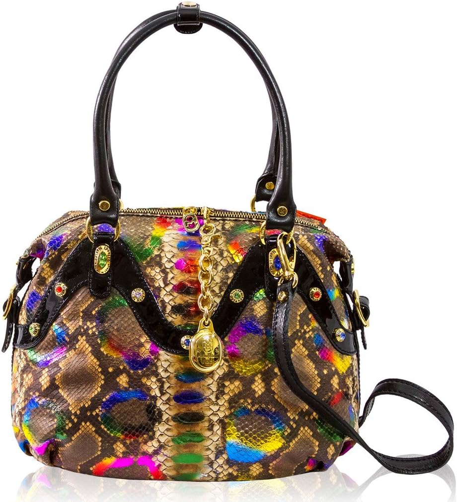 Women's Large Handbag Italian Designer Purse Genuine Leather Top Handle Satchel Crossbody Bag in Rainbow Python Embossed Design with Swarovski