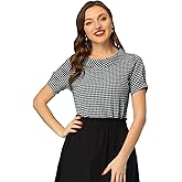 Allegra K Women's 1950s Round Collar Short Sleeve Gingham Tops