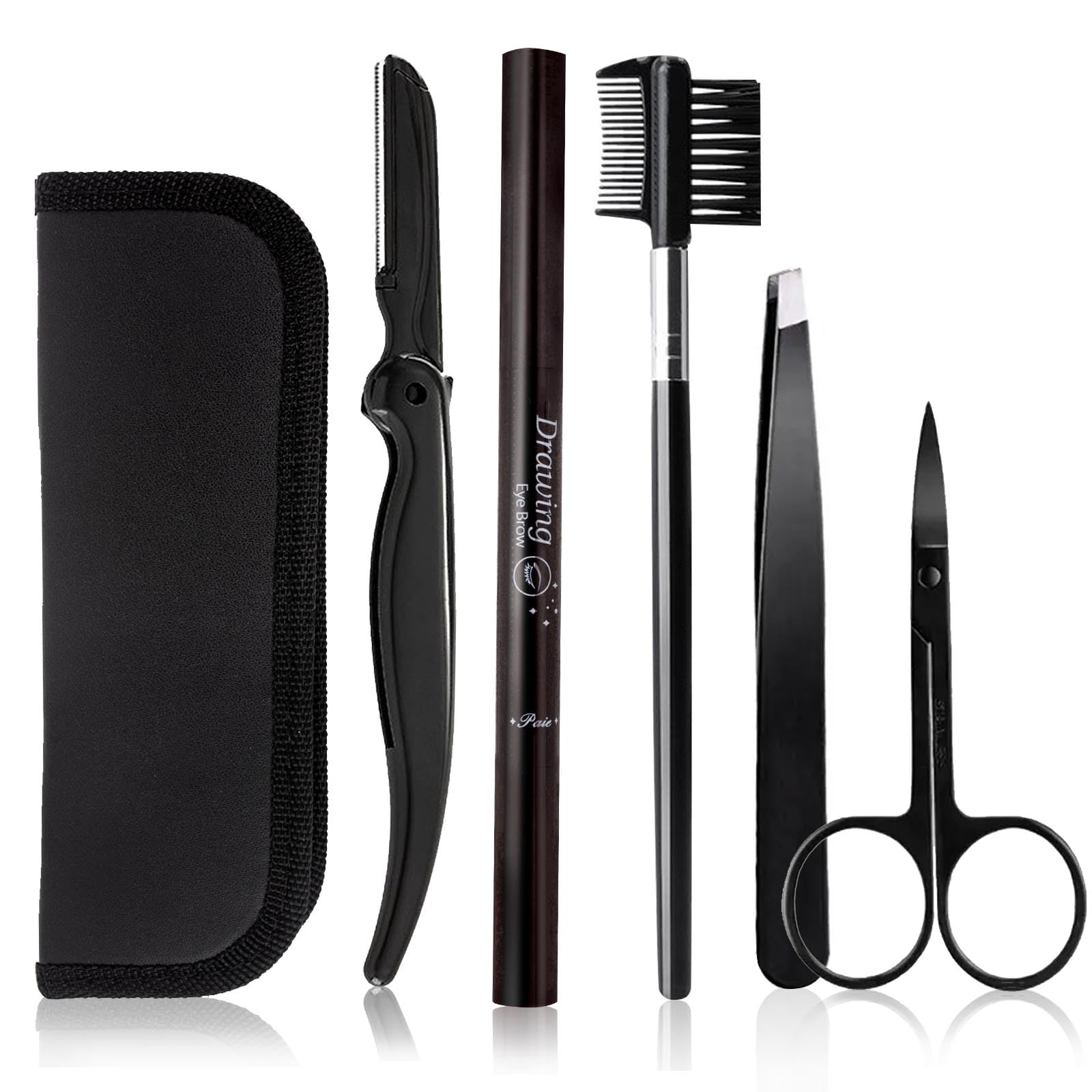 MUNSKT Eyebrow Grooming Kit, 5PCS Stainless Steel Set with Travel Case, Tweezers, Scissors, Eyebrow Pencil, Razor, Eyebrow Brush Comb, Thrush Template for Women Men