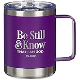Christian Art Gifts Reusable Stainless Steel Double Wall Vacuum Insulated Camp Style Travel Mug w/Handle for Women: Be Still & Know Inspirational Bible Verse, BPA-free Retractable Lid, Purple, 11 oz.