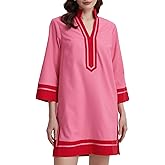 Kedera Women's Linen Shift Dress V Neck 3/4 Sleeve Deep V Neck Casual Mini Collared Dress for Summer Work with Pockets