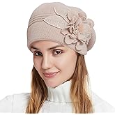 Nawati Flower Women Beret, Double Layer Thickened Winter Knitted Beanie Beret Hat, Stylish French Dress Beret Hats for Women
