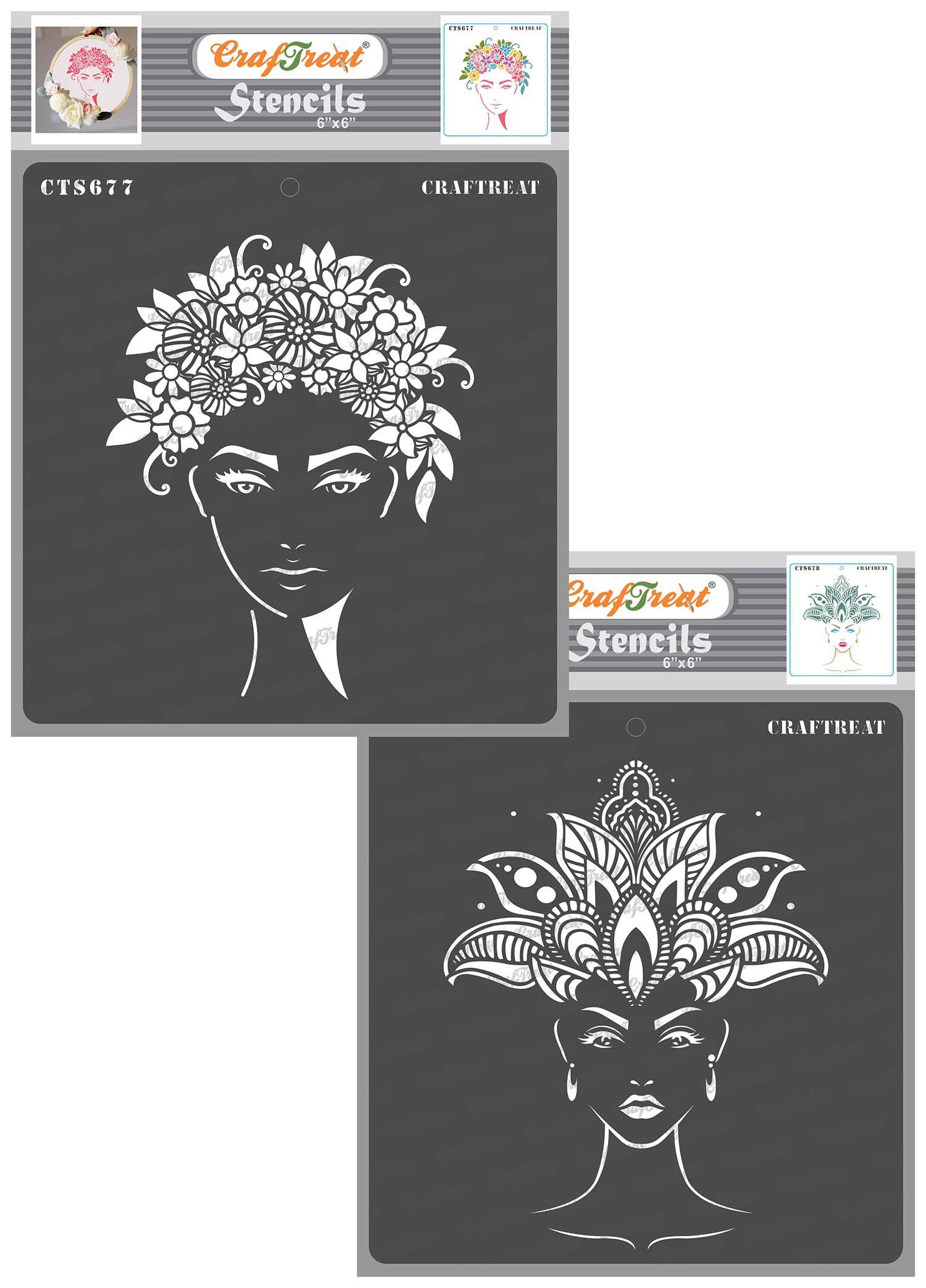 CrafTreat Reusable Girl Face Stencil for Painting on Wood - Flower Girl and Crown Princess - 2 Pcs - 6X6 Inch - Women Face Stencil for Painting on Canvas - Lady Face Stencils for Arts and Crafts