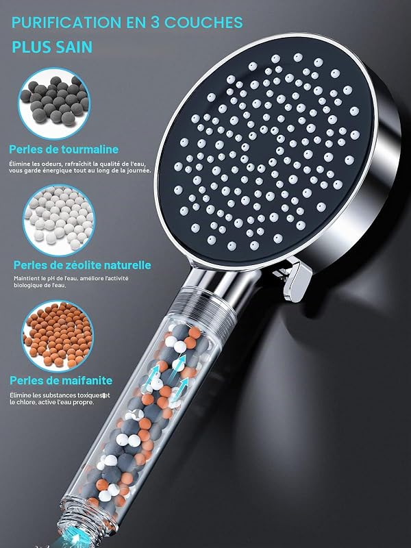 Pommeau de douche avec tuyau 1,8 m- YEAUPE Pommeau de douche avec filtre - haute pression avec 6 types de jets, chrome