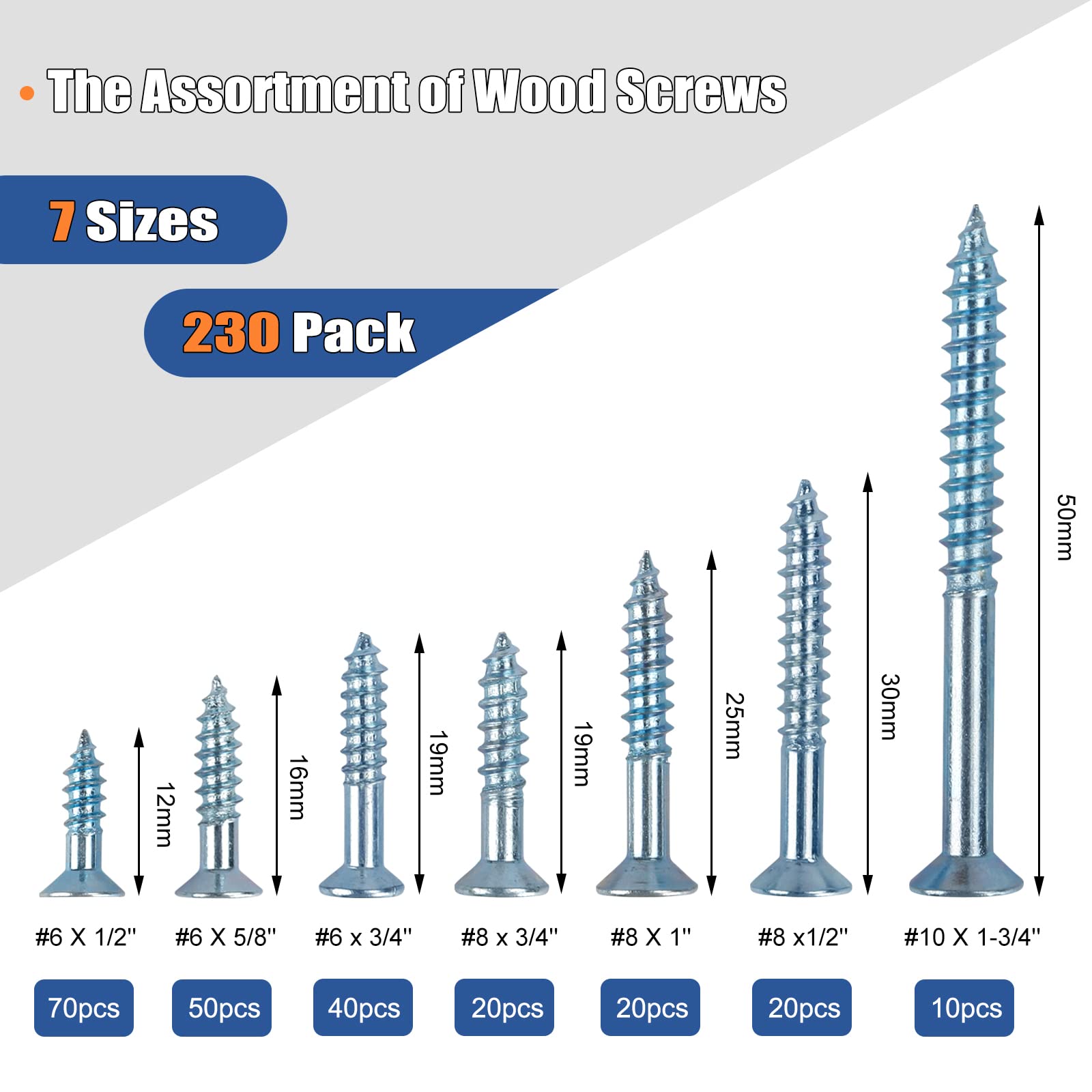230pcs Wood Screws Assortment Kit, Flat Head Wood Screws Set, Zinc Plated Steel, Self Tapping Screws, Drywall Screws Assortment, Assorted Wood Screws, Assorted Screws(7 Sizes)