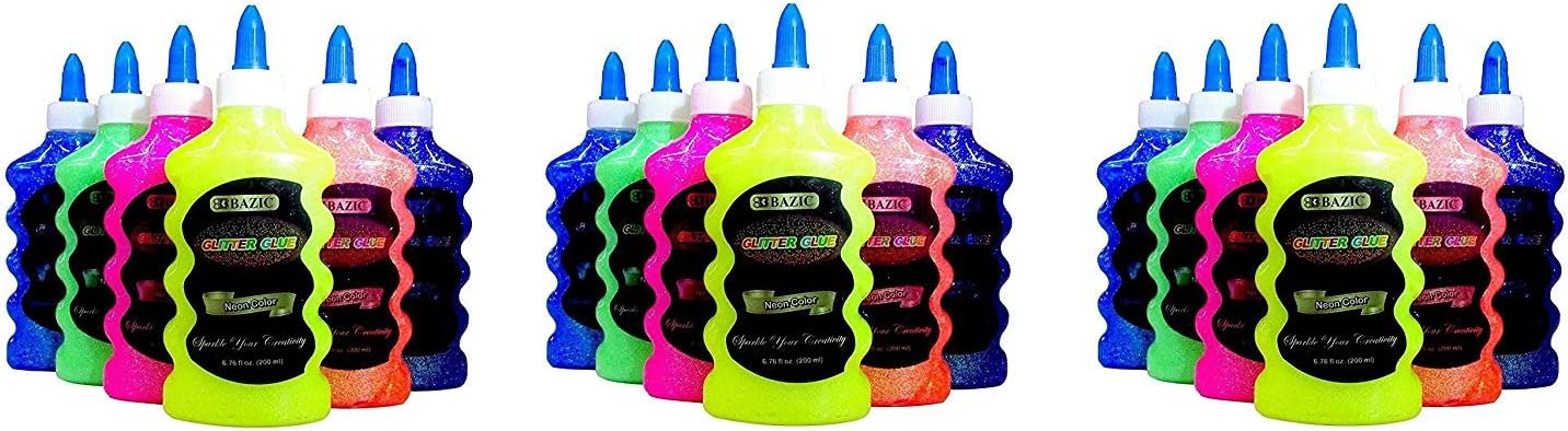 6 Color Glitter Glue Set (6.7oz - 200 ml Bottles) NEON Colors - Pink, Green, Blue, Yellow, Purple, and Orange (3 Sets)