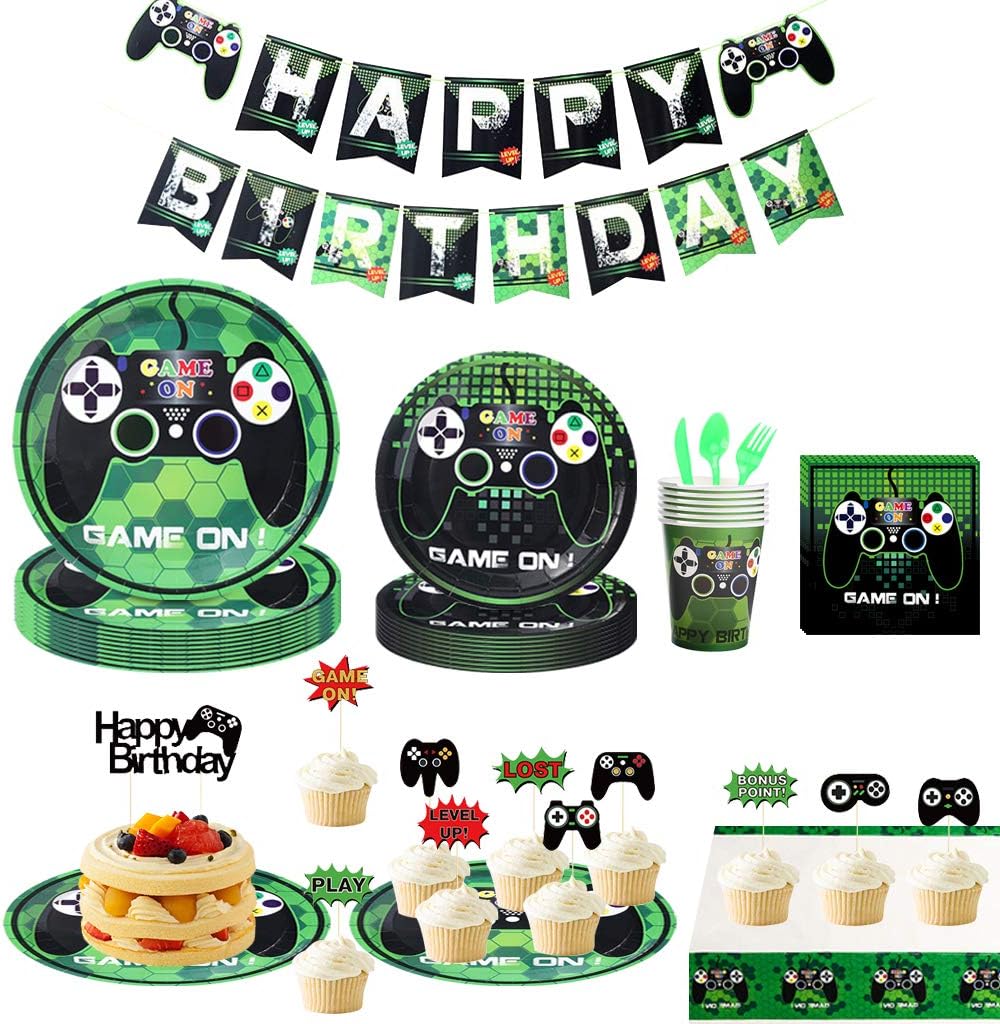 125PCS Video Game Party Supplies, Amycute Boys Video Game Themed Party Supplies Room Decor Set with Birthday Banner, Plates, Cups, Napkins, Tablecloth for Boys Kids Video Game Birthday - Serves 16: Kitchen & Dining