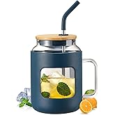 WINSA 50 oz Glass Water Bottles with Silicone Sleeve,Glass Tumbler with Lid and Straw,Iced Coffee Cup with Handle,BPA Free-Blue