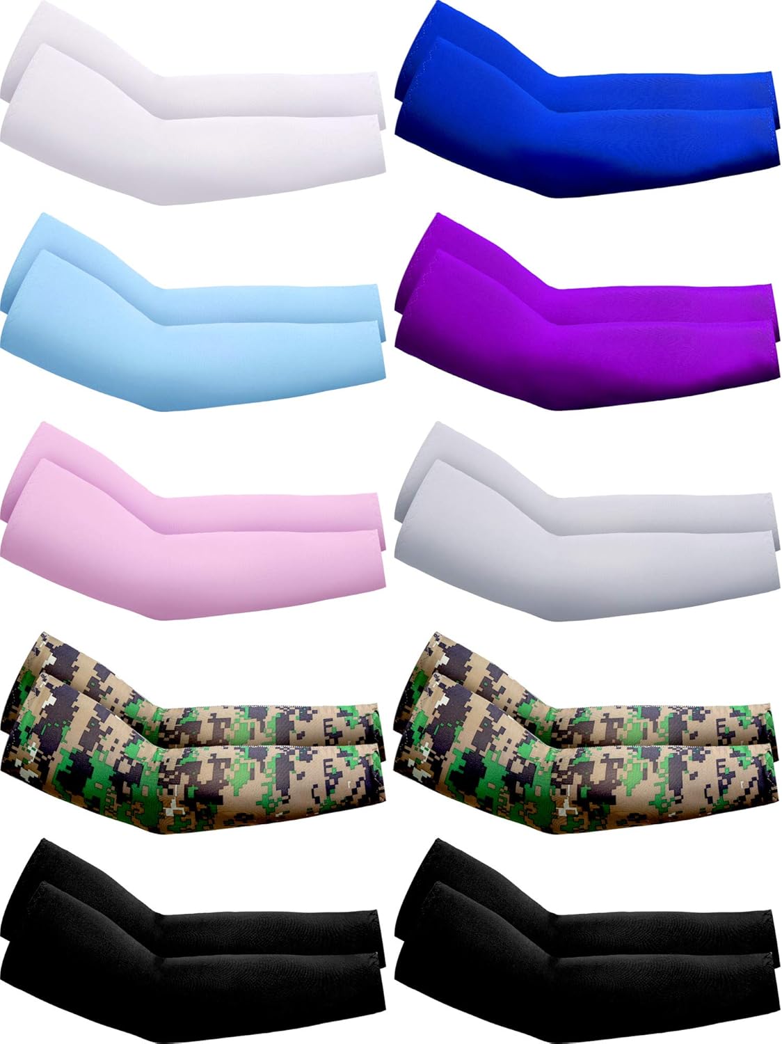 10 Pairs UV Protection Sleeves Sun Protection Cooling Arm Sleeves Anti-Slip Ice Silk Arm Covers for Men and Women (White, Grey, Black, Blue, Purple, Pink, Camouflage): Clothing