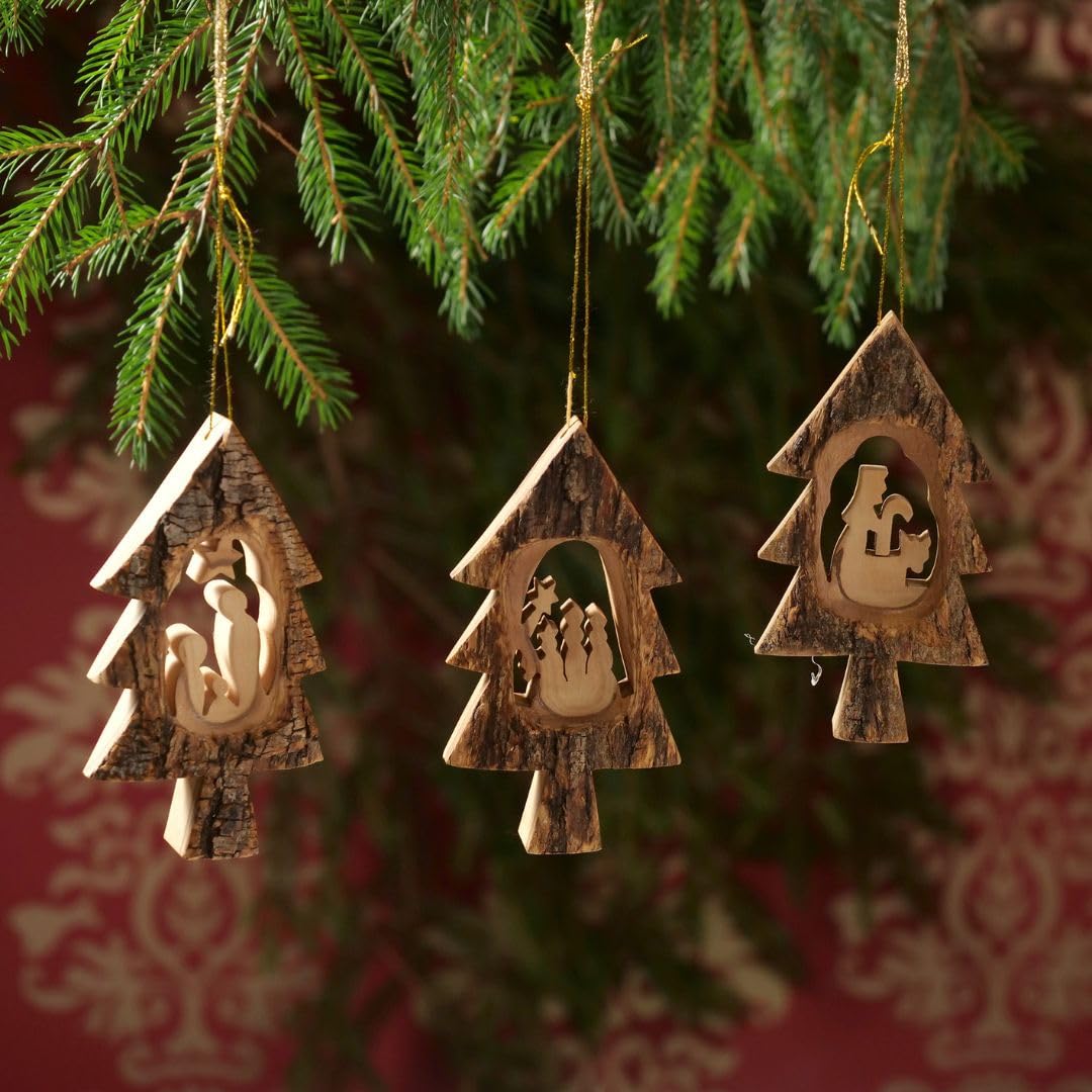 KASSIS Geschenkartikel Olive Wood Christmas Decoration Tree Decorations Set of 3 Nativity Pendants Holy Family Shepherd and Three Kings with Bark Handmade in Bethlehem 11.5 cm (Fir Tree with Bark)