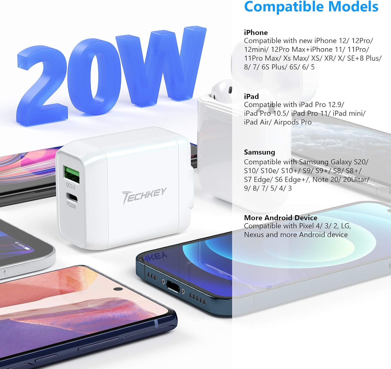 USB C Wall Charger, Techkey 20W 2-Port Fast Charger USB Type C Charger 5V / 3A Power Adapter Quick Charge 3.0 with Foldable Plug for iPhone 12/11 / X / 8/7 / 6, iPad and More