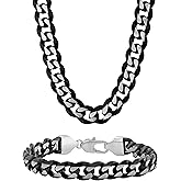 Stainless Steel Black Cuban Link 10.5MM Extra Wide 24" Chain and Matching 8.5" Bracelet with Secure Lobster Claw Clasp - Jewelry Gift Set for Men