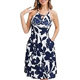 JOYSHAPER Built in Bra Summer Dress Casual Beach Sundress Flowy Halter Dress with Pockets