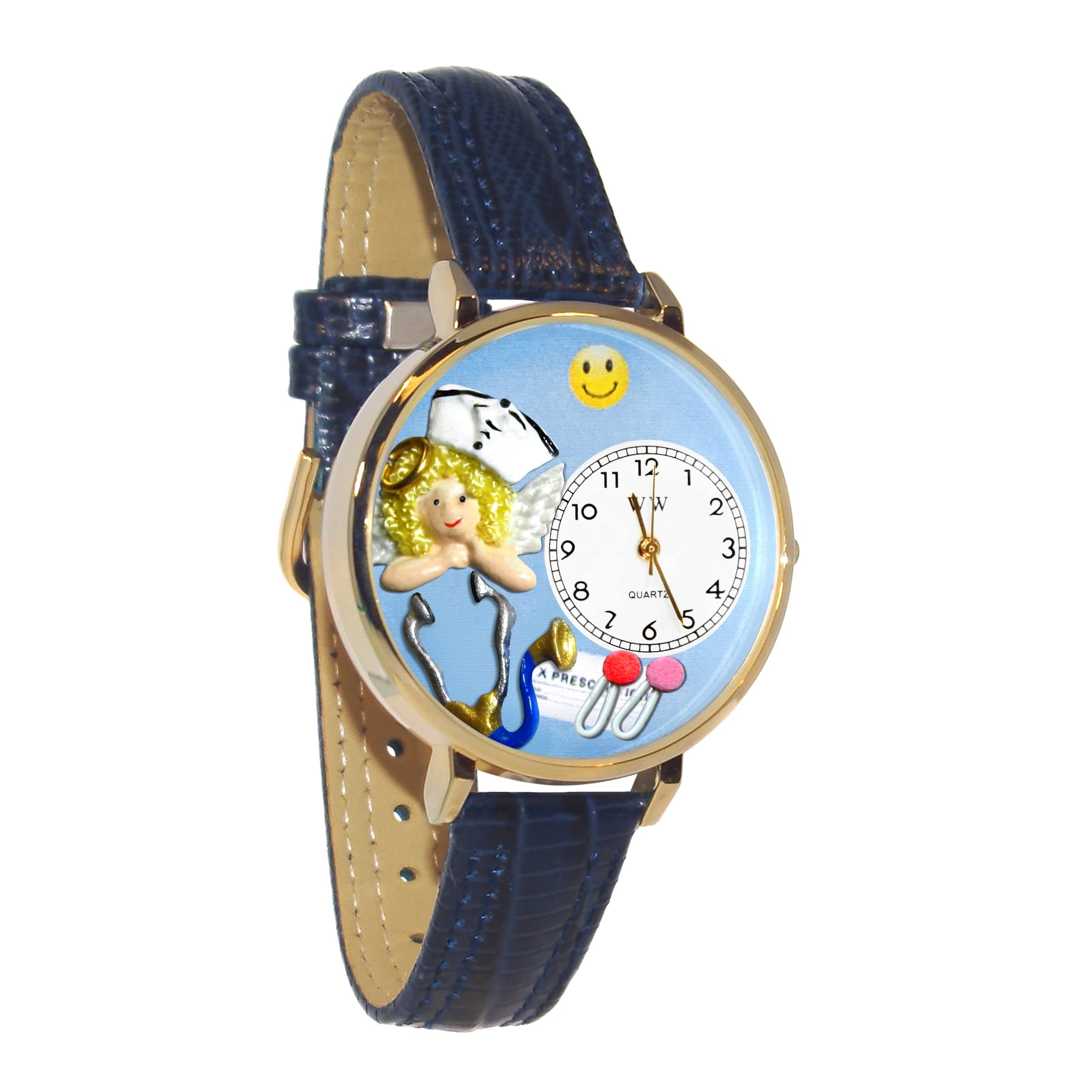 Whimsical Watches Nurse Angel Baby Blue Leather and Goldtone Unisex Quartz Watch with White Dial Analogue Display and Multicolour Leather Strap G-0620030