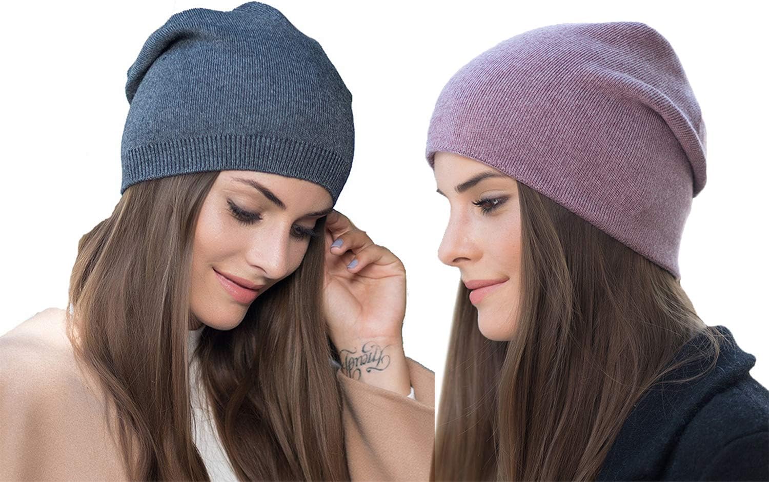 Farlenoyar 2 Pack Women Winter Warm Knit Hats Cashmere Wool Beanie Hat Cap