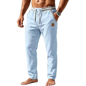 Men's Casual Linen Pants Elastic Waist Drawstring Summer Beach Trousers with Pockets for Men Lightweight Straight Leg