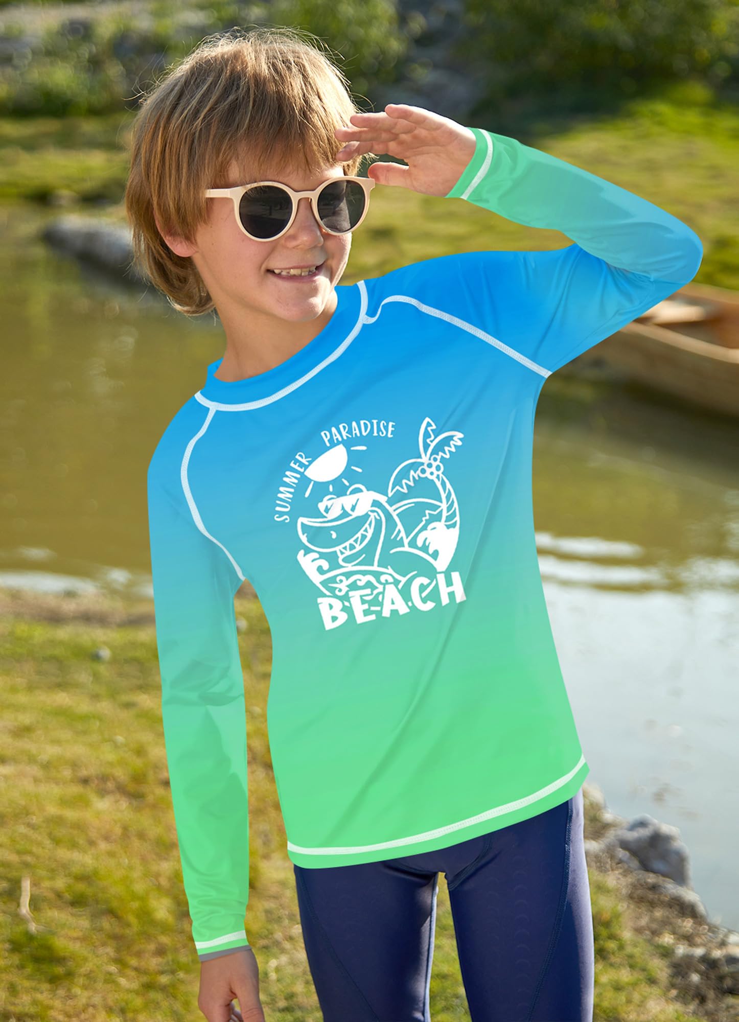 Jungen Sonnenschutz Langarm UV Shirt UPF 50+ Schnelltrocknend Rundhals Rashguard Beach-Grün 120 3