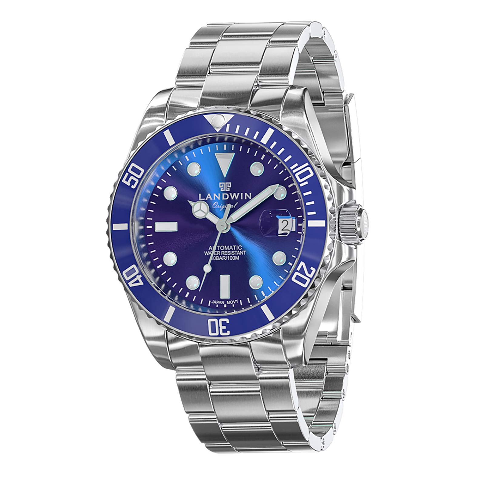 LANDWIN Automatic Watch for Men Stainless Steel Strap 100M Waterproof Mechanical Analogue Synthetic Sapphire Glass with Calendar Luminous Business and Casual Mens Diving Wrist Watches