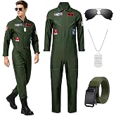 4 Pcs Fighter Pilot Flight Suit Costume Air Force Jumpsuit Halloween Cosplay Costume With Accessories Set for Mens Adults
