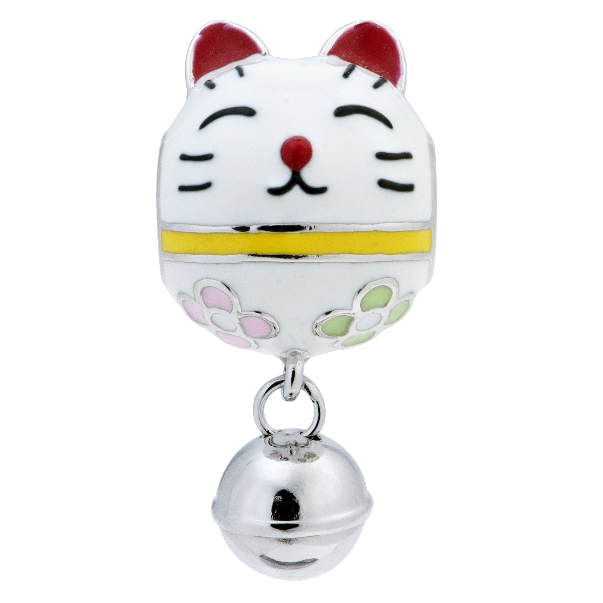 Qina C. Rhodium On 925 Sterling Silver Fortune Lucky Cat Enamel Jingle Bell Dangle European Style Charm