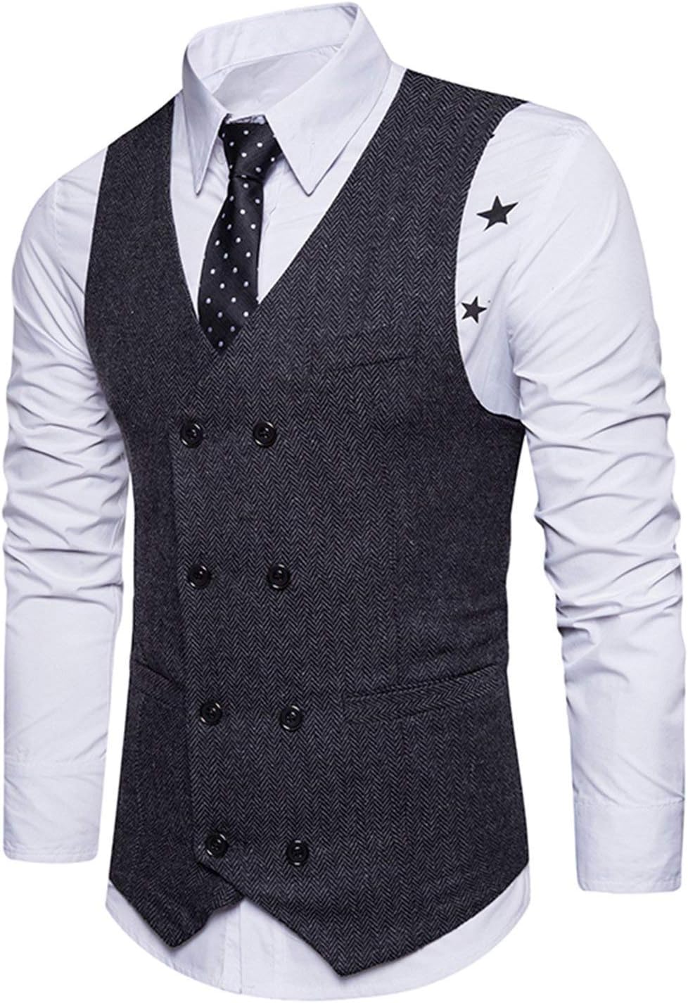 STTLZMC Mens Double Breasted Wool Herringbone/Tweed Tailored Collar Suit Waistcoat