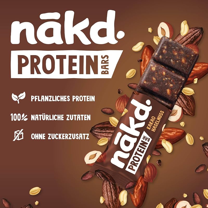 Nākd. Protein Kakao Haselnuss | Kaltgepresste Riegel | 16 x 45g (720g)
