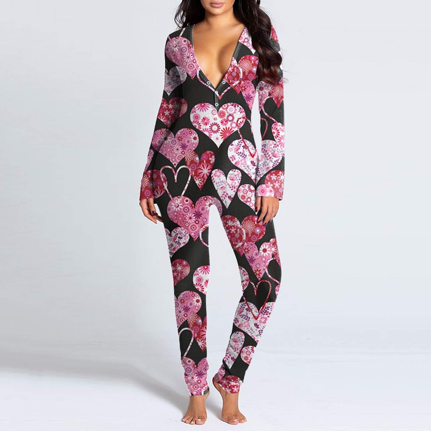 TTTK Women Sexy Button Flap Jumpsuit Pajamas Heart Print V