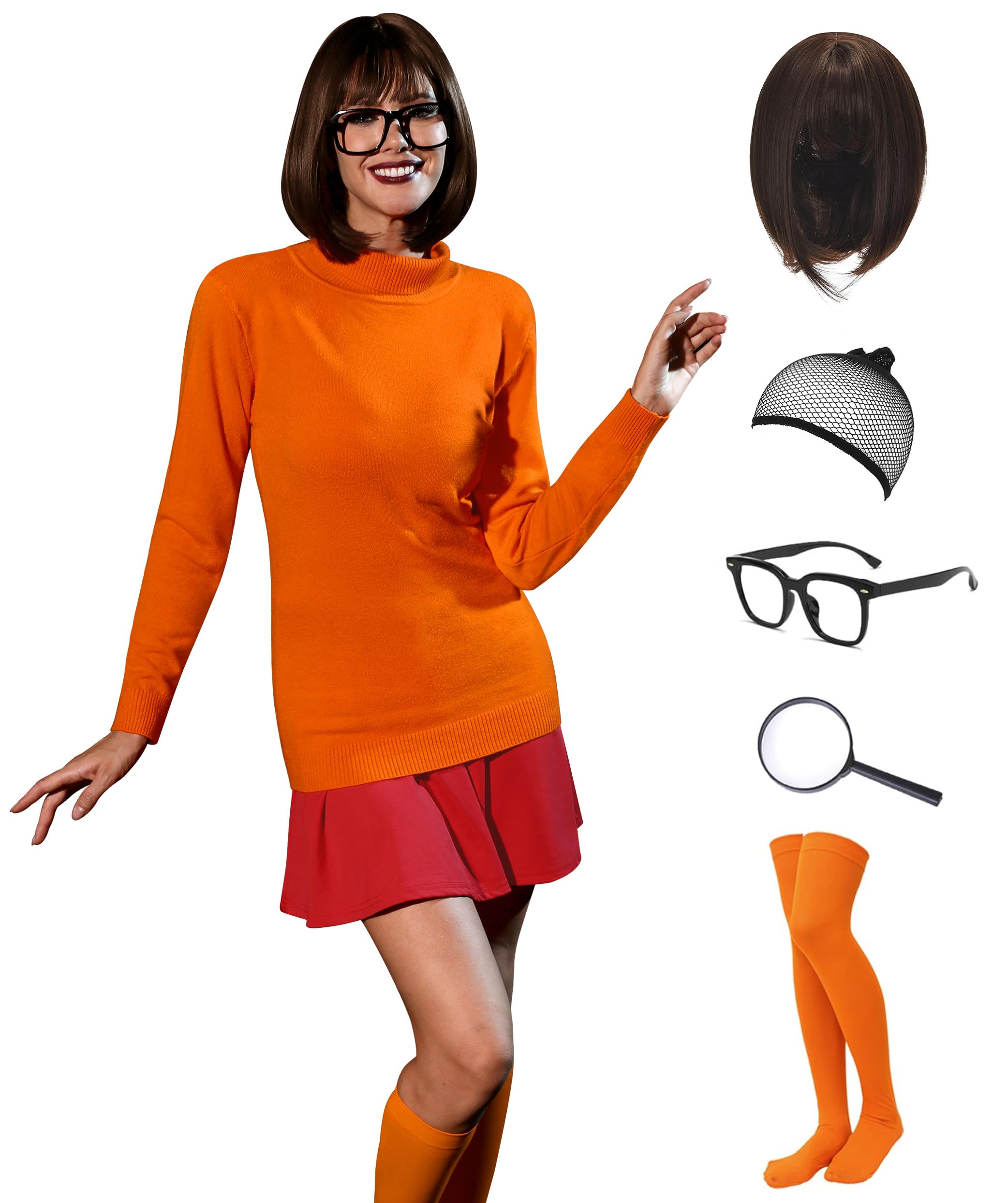 For G and PL Halloween Women's Valma Cosplay 7pcs Turtleneck Adult Costume Party Knitted With Accessories Orange Red L