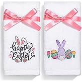 NEWLIGHTURE Easter Hand Towels 100% Cotton Embroidered Happy Easter Bunny Decorative Bathroom Kitchen Dish Towels Set Gift Set of 2 14x29 inch