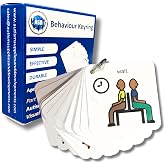 Behavior Keyring Lanyard, Visual Cue Cards for Autism Classroom (English) | Waterproof wipe-clean plastic, 22 cards + blank, 7 cm, clip-open steel ring, Boardmaker PCS, PECS-compatible