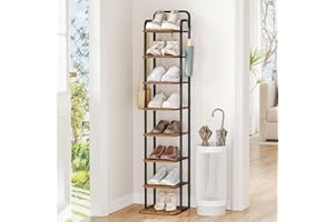 Hzuaneri 8 Tiers Vertical Shoe Rack, Narrow Shoe Tower, Tall Shoes Shelf with 2 Hooks, Adjustable Shelves, Corner Shoes Shelv