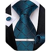 DiBanGu Silk Ties for Men Formal Plaid Check Necktie and Pocket Square Cufflinks Tie Clip Set Wedding Necktie with Gift Box