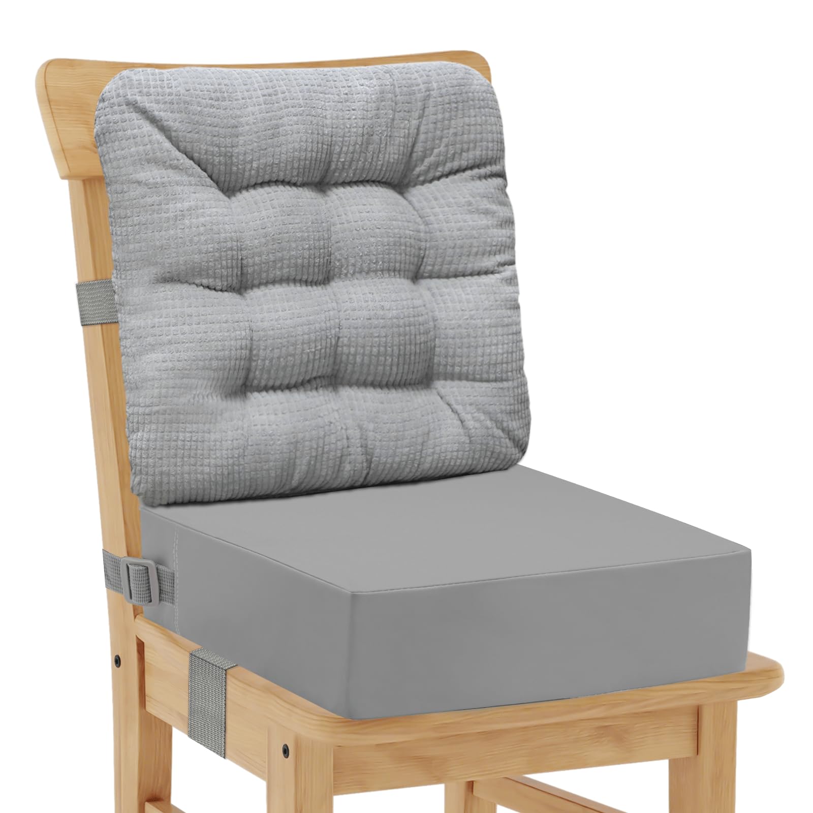 Booster Seat for Kitchen Chair with Backrest, Waterproof PU Cover, Non-Slip Bottom, 2 Safety Straps, Washable & Portable Dining Table Foam Booster Cushion Seat for Toddler, Stackable for Extra Height