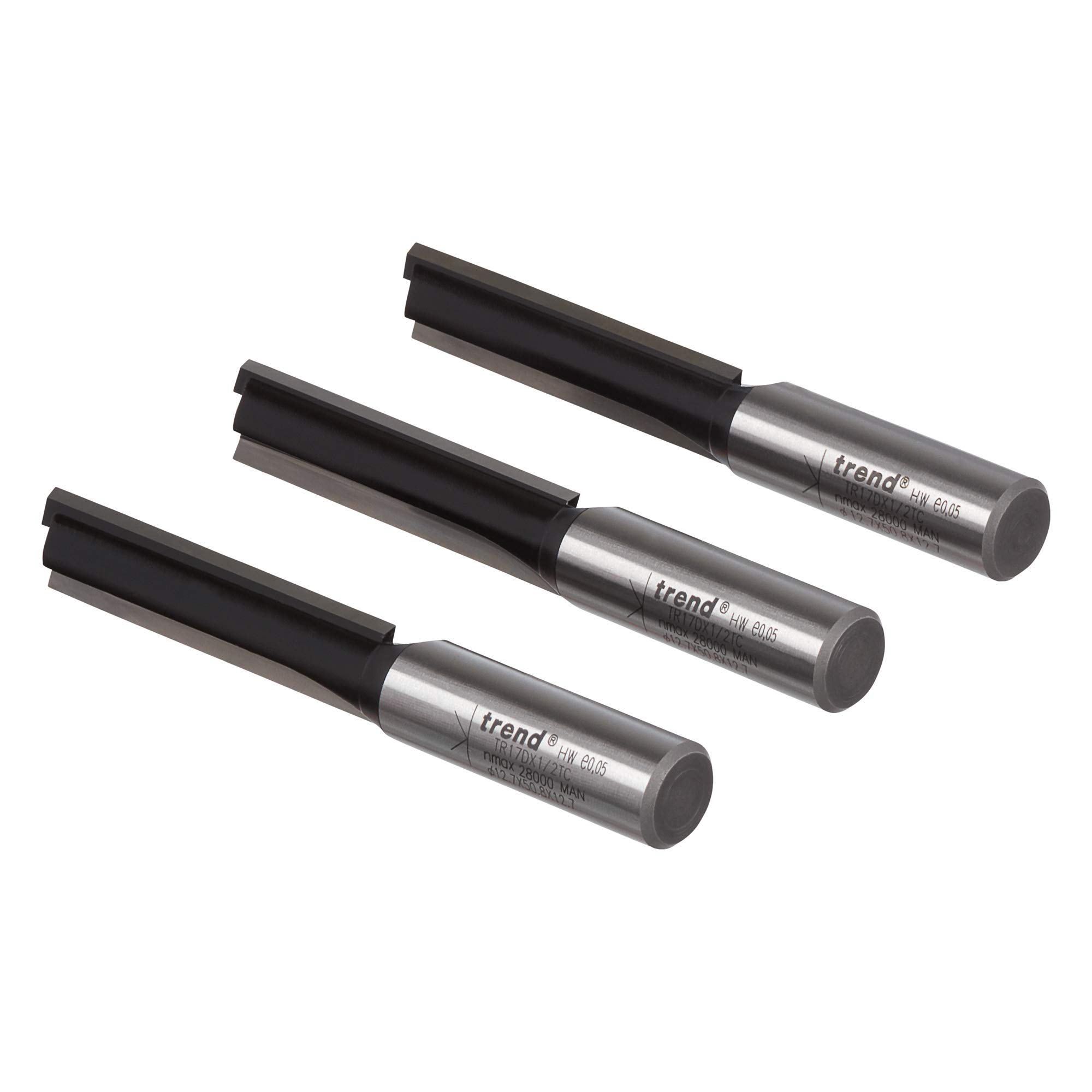 Trend Trade Pack of 3 Straight Multi-Purpose Router Cutters, 1/2 Inch Shank with 12.7mm Cut Diameter and 50mm Cut Length, Tungsten Carbide Tipped, TR/Pack/3
