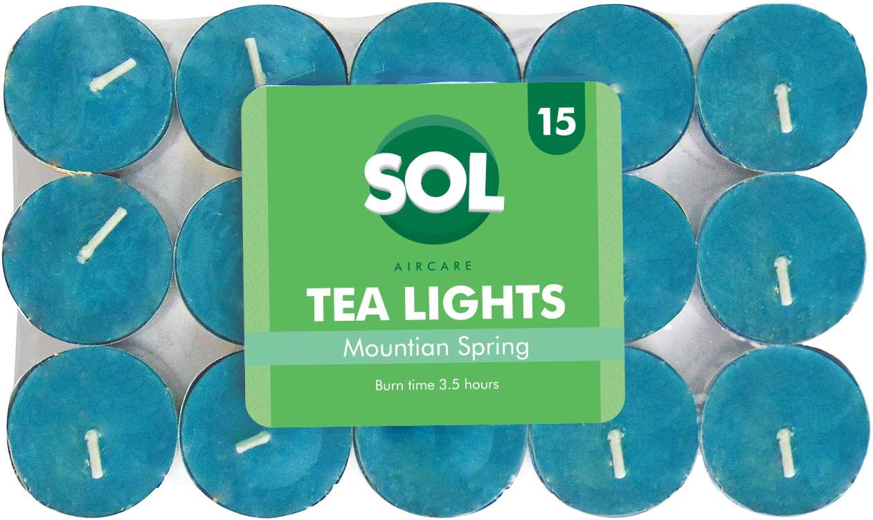 SOL 15pk Mountain Spring Scented Tea Light Candles Long Burning, 3.5 Hour Burn Time, Ideal for Home Relaxation, Spa, Massage