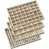 KATISYIO Large Jewelry Drawer Organizer Trays Set of 4, Stackable Velvet Jewelry Trays Organizer Holder Display Storage Showcase for Earring Necklace Bracelet Ring Accessary (Beige, 12+17+24+48 Grids)