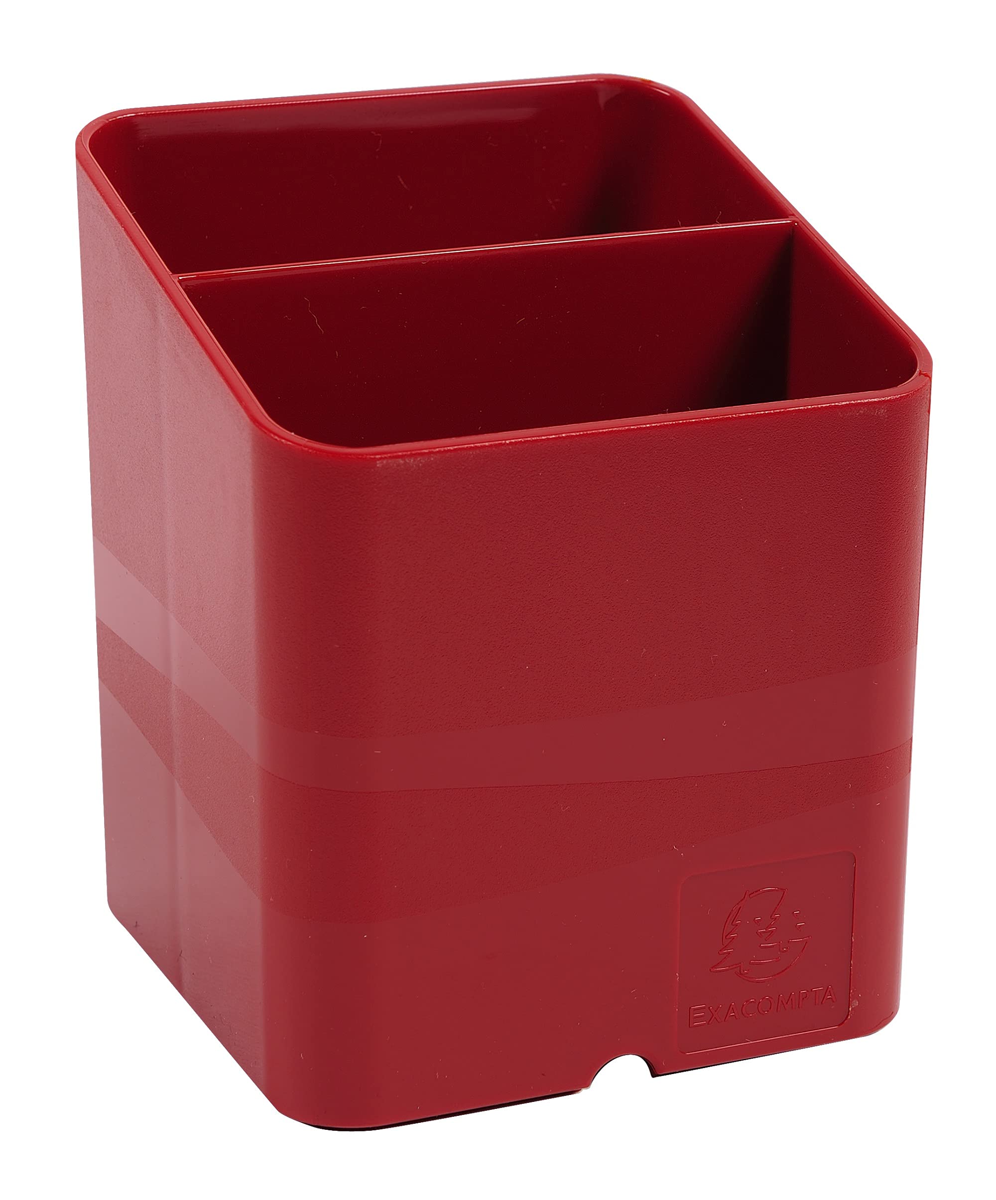 Exacompta - Ref 67718D - Iderama Pen Pot PEN-CUBE - 74 x 74 x 93mm in Size, 2 Compartments for Organisation, Groove Underneath to Feed Cables - Red Carmin