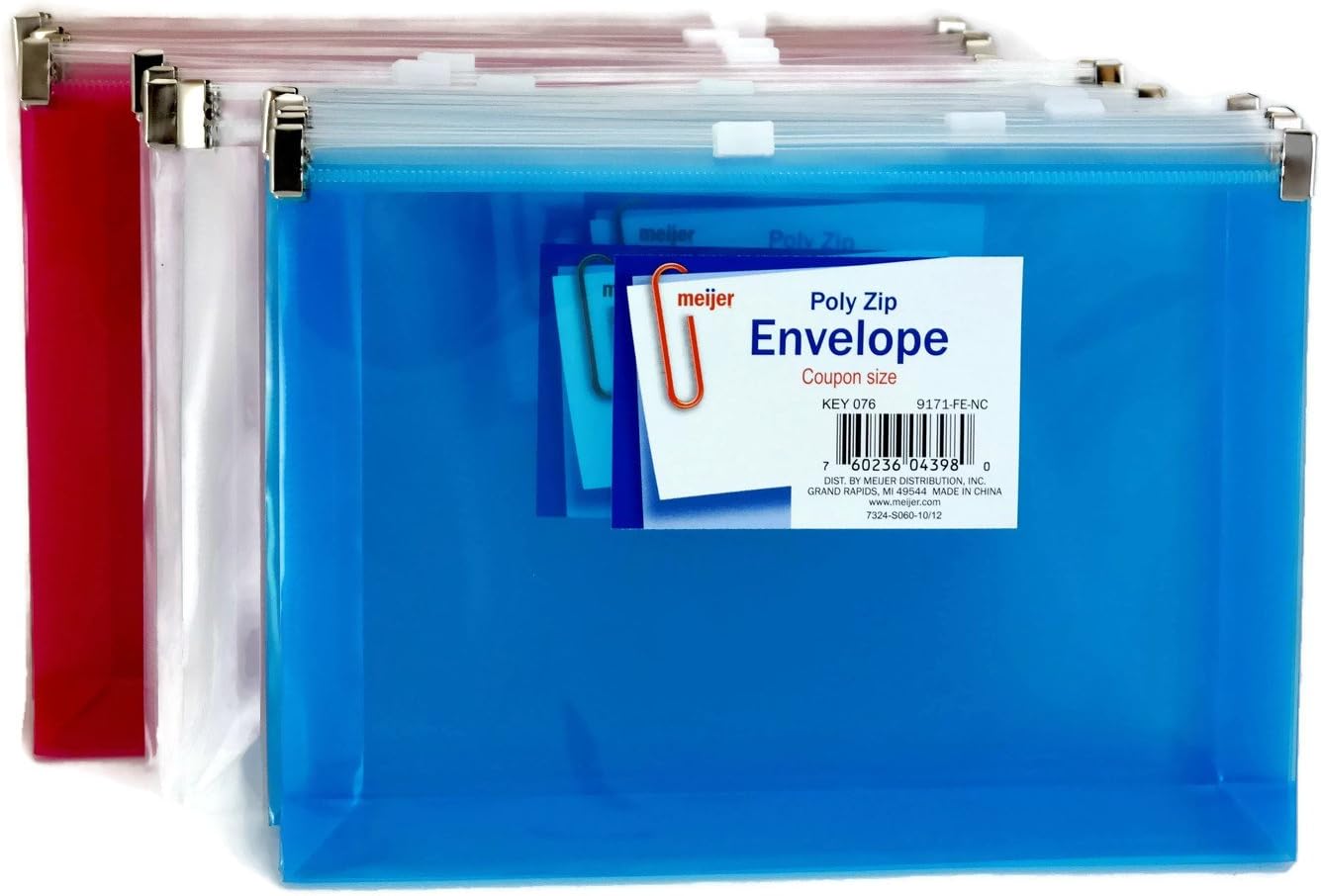 Poly Envelope with Zipper Closure, Gusseted - 12 pc Mix Colors Set, Coupon Size, 7.5 x 1 x 5.25 " - Translucent