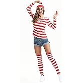 Stenoloma Women Red/White Striped shirt Hat and round eye glasses Halloween Costume Set…